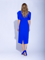 Женское синее платье миди с пышными рукавами