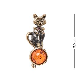 AM- 910 Брошь «Котёнок на шаре» (латунь, янтарь)