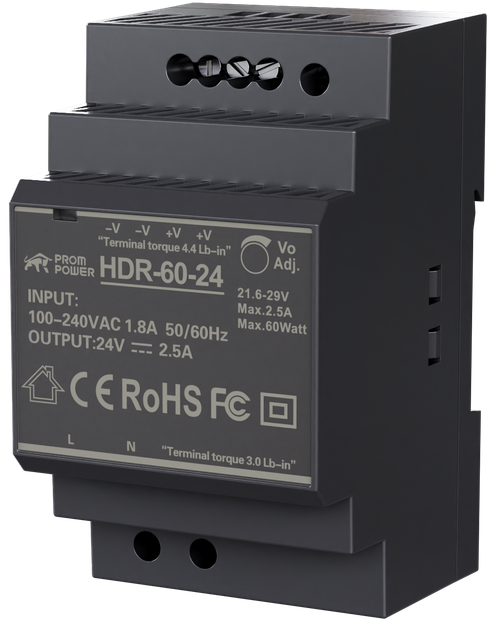 Источник питания PROMPOWER HDR-60-24, на вых. 24 В DC, 2.5А, 60Вт. Вх. 85-264В AC (120-370 В DC)