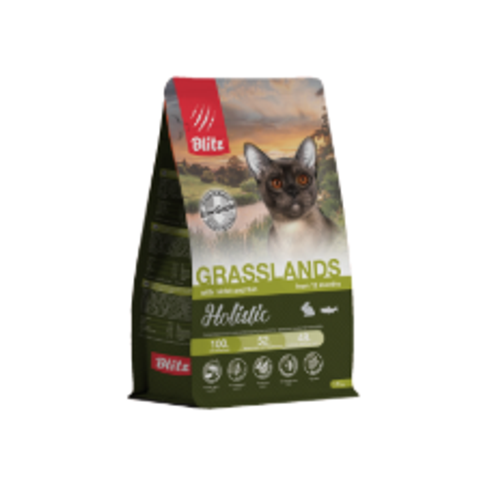 Сухой корм для кошек полнорационный Blitz Holistic Grasslands Rabbit & Fish Adult Cat низкозерновой корм для кошек всех пород, индейка и кролик 5 кг