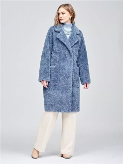 Шуба женская из шерсти мериноса чебурашка тедди, синяя, SilverFox