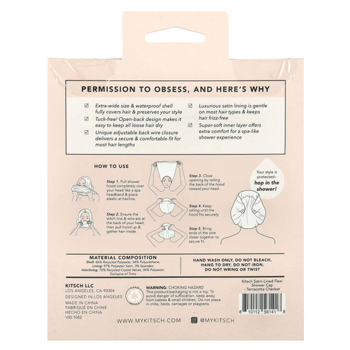 Kitsch, Шапочка для душа Flexi на сатиновой подкладке, в терракотовую клетку, 1 шт.