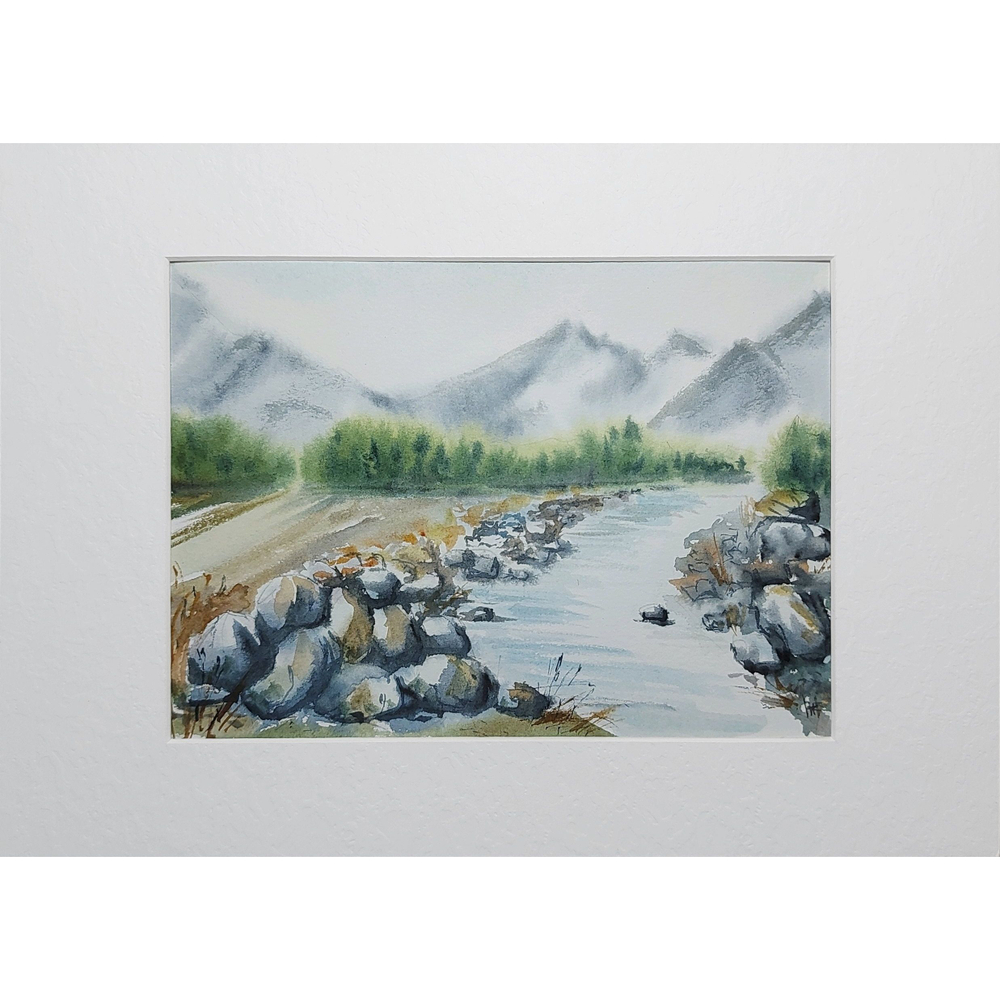 Картина акварельная авторская в паспарту 21х30 см на стену для интерьера "Каменистая река"