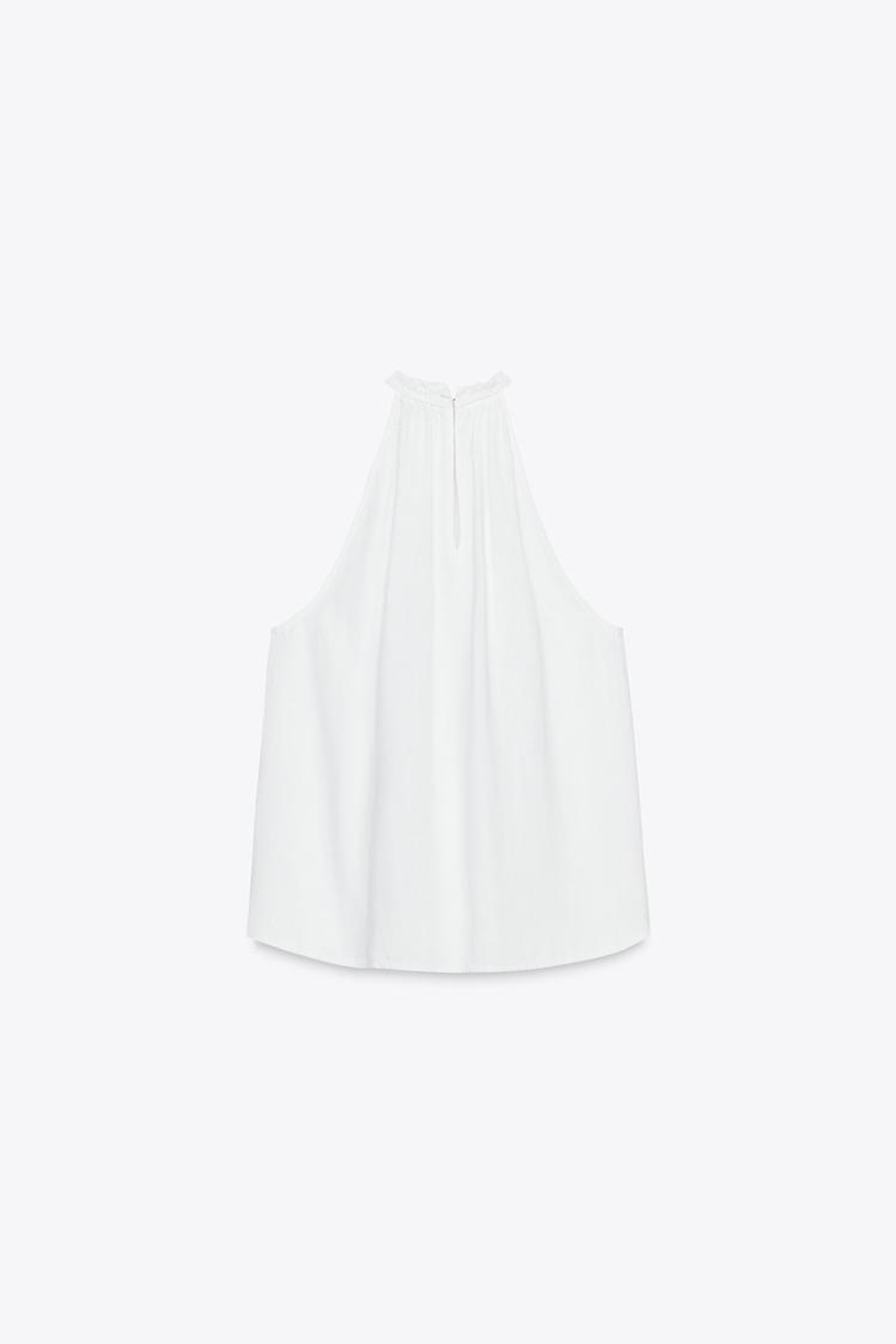 ZARA ТОП ИЗ СМЕСОВОЙ ТКАНИ РАМИ С ВОЛАНАМИ И ГОРЛОВИНОЙ ХАЛТЕР, БЕЛЫЙ