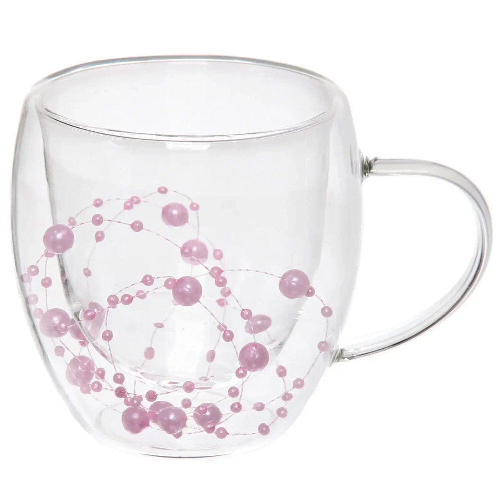 Кружка стеклянная с двойными стенками 250мл «Хай-Тек» розовые бусины