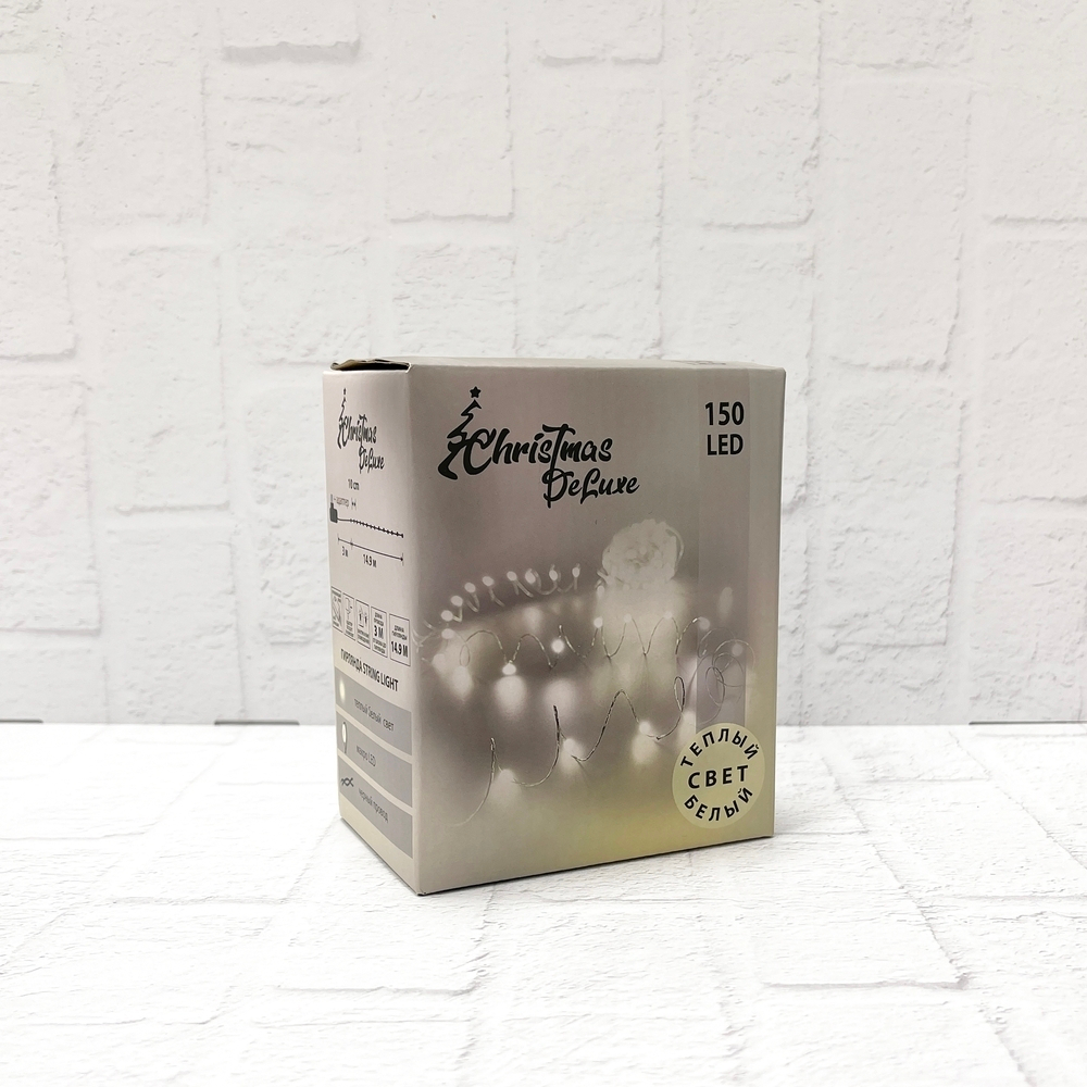 Гирлянда string light капли макро на черном проводе теплый белый свет 1.5м 150 ламп ChristmasDeLuxe