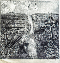 Гречина Ольга Николаевна .Детство. Офорт, акватинта, отпечаток тоном. 1980 г. СССР. 75 х 73 см.