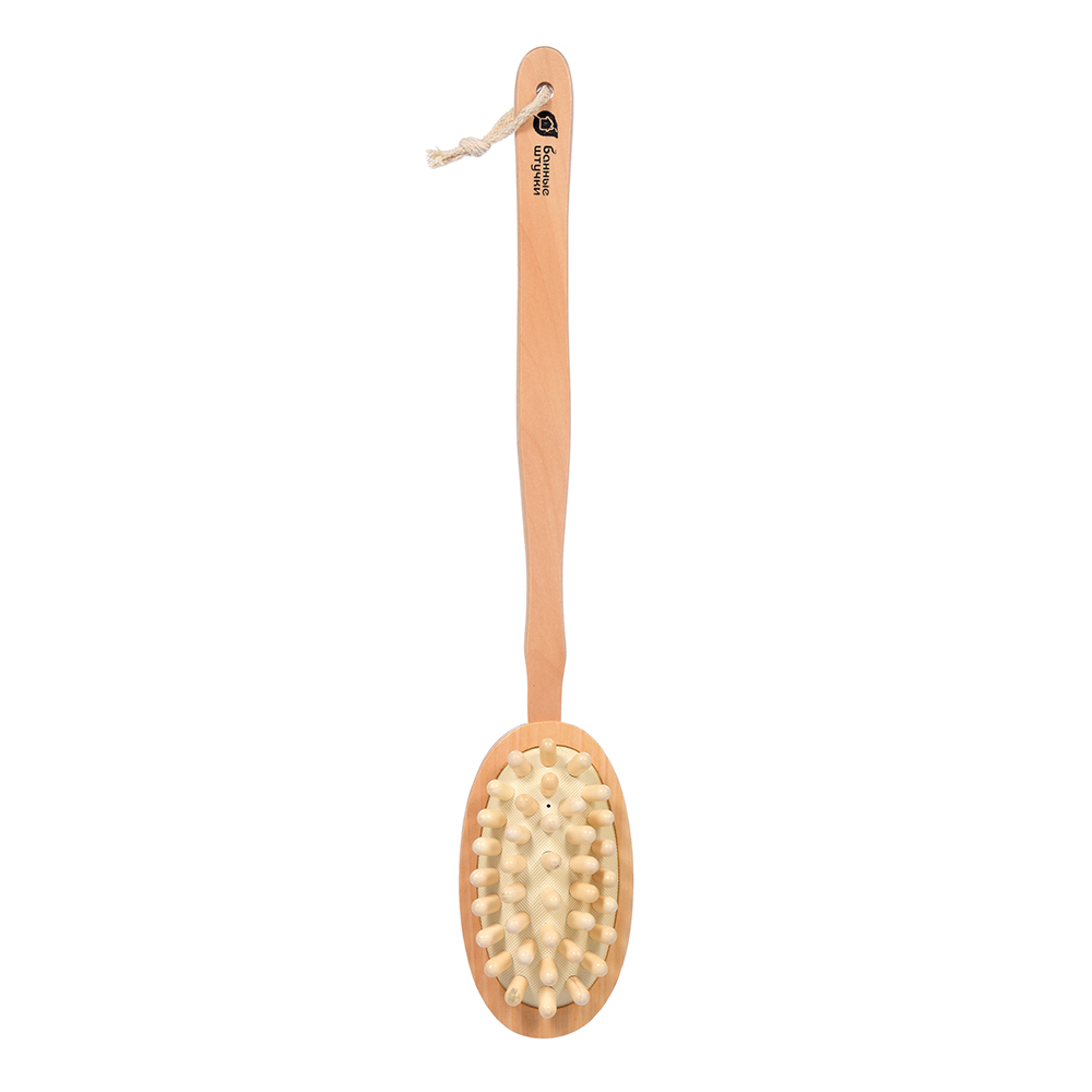 Щетка деревянная,двусторонняя с импульсным массажером 42см Банные штучки