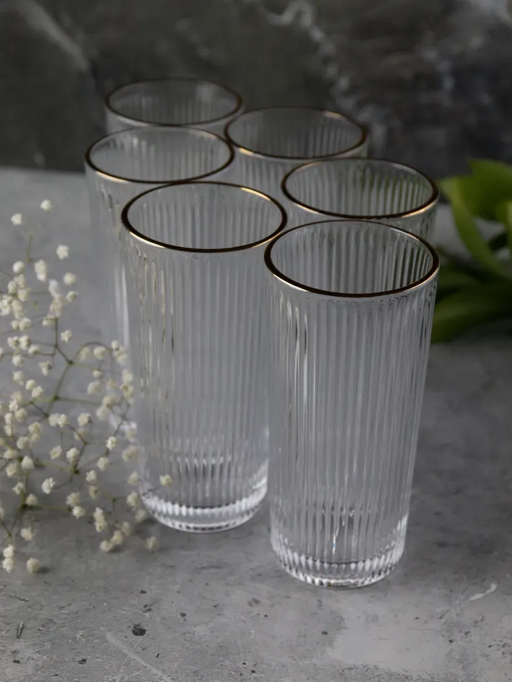 Ребристые бокалы для виски, 330 мл. 6 шт. с золотой каймой