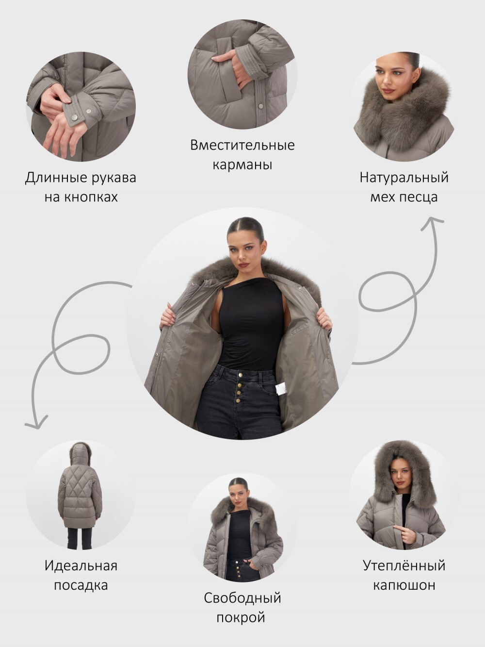 Куртка зимняя женская с мехом и капюшоном тренд коричневого цвета 7608K