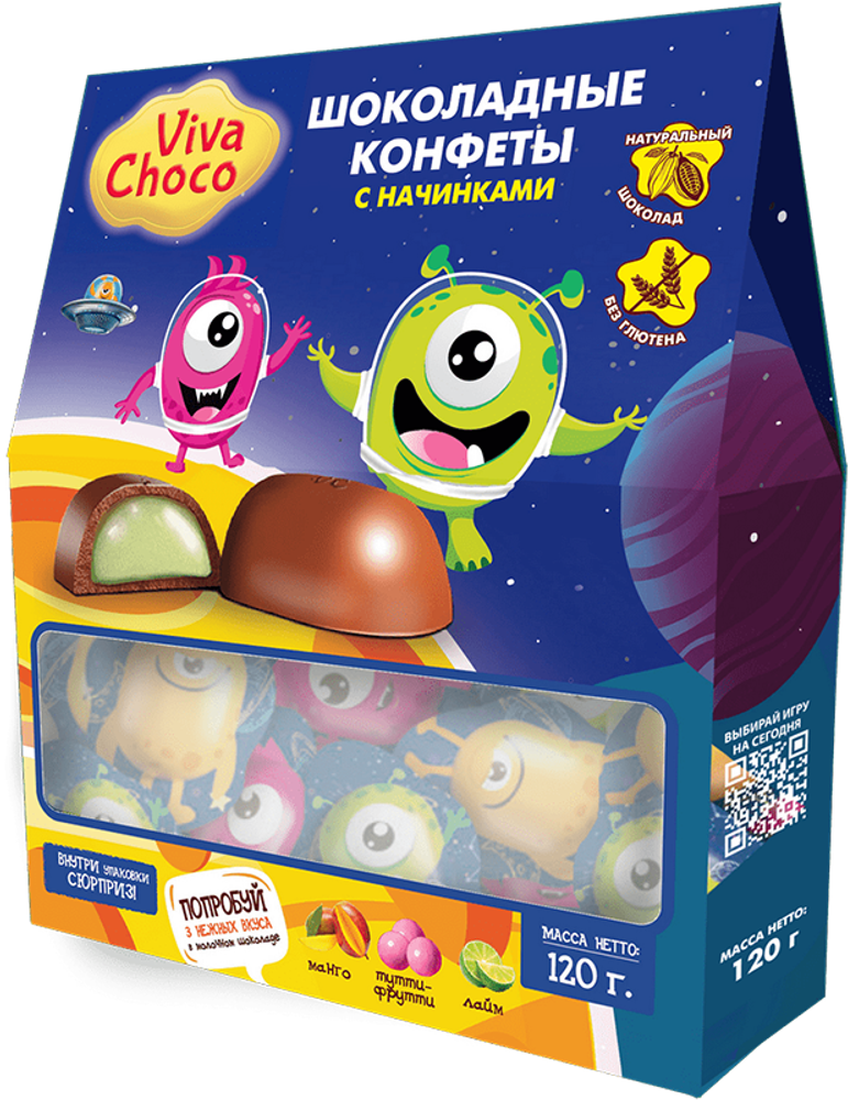 Ассорти Viva Choco Crazy из молочного шоколада c начинками: Лайм, Манго, Тутти-Фрутти 120г
