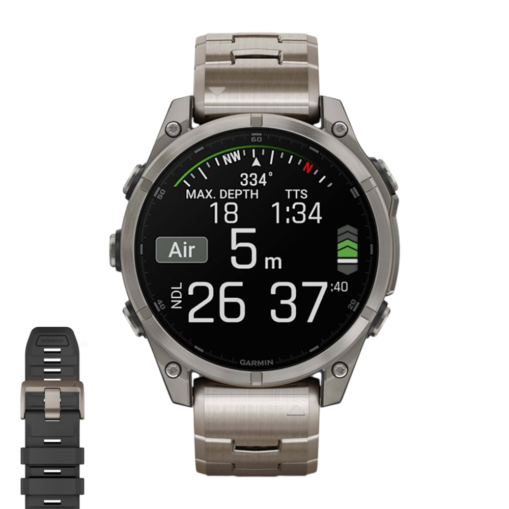 Спортивные часы Garmin fenix 8, 47 мм, AMOLED, сапфир, титановый блочный браслет, силиконовый ремешок цвета чёрный/«серая галька» Безель из титана, AMOLED-дисплей. Титановый блочный браслет с раскладывающейся застёжкой и силиконовый ремешок с классической
