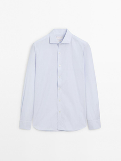 Massimo Dutti Приталенная хлопковая рубашка в микро-полоску, небесно-голубой