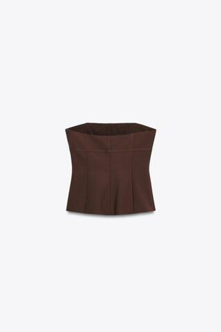 ZARA ТОП БЕЗ БРЕТЕЛЕЙ С БАНТОМ, ТЕМНО-КОРИЧНЕВЫЙ