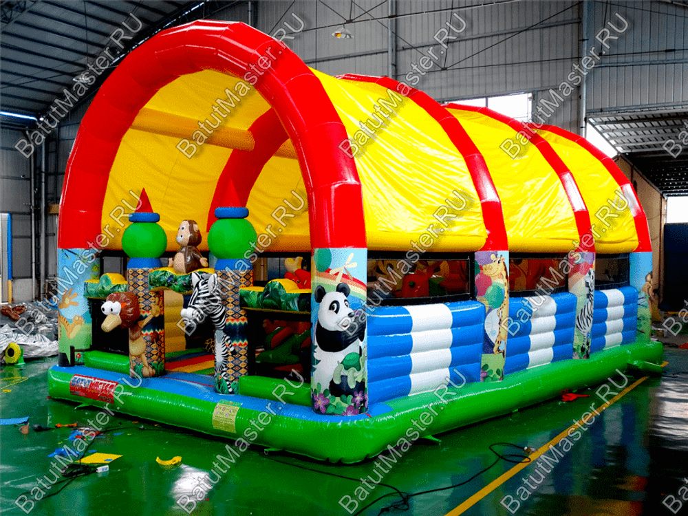 Надувной батут "Зверята с крышей 3" со скалодромом, 11*7*6 м