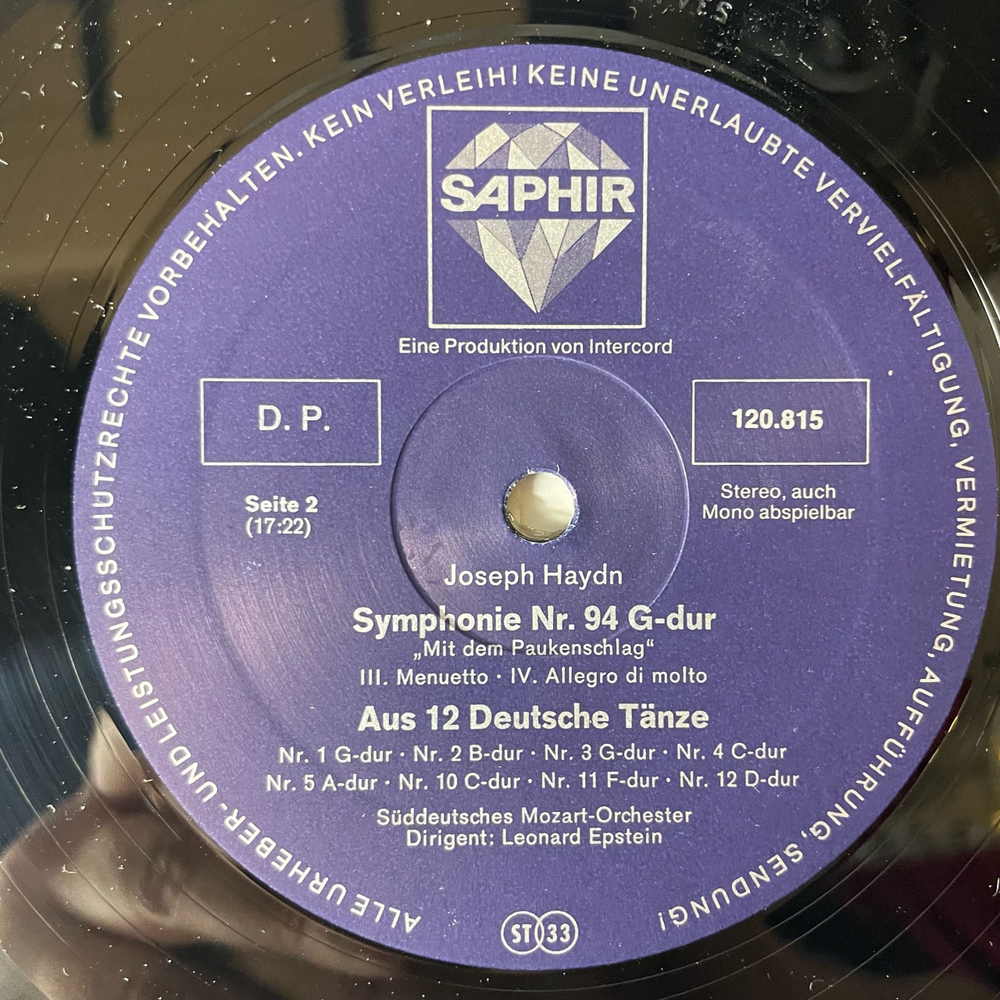 Винтажная виниловая пластинка LP Joseph Haydn Йозеф Гайдн, Suddeutsches Mozart Orchester Симфония 94 (Германия 1977)