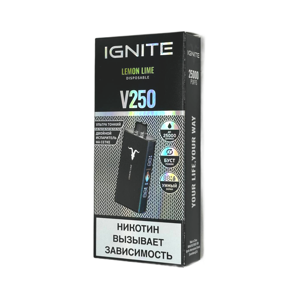 Ignite V250 Black Лимон-лайм (Lemon lime) 25000 затяжек 20мг Hard (2% Hard)