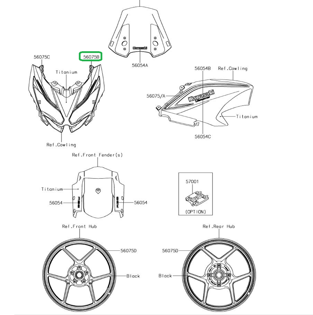 56075-2525. PATTERN,UPP COWL.,LH. Kawasaki