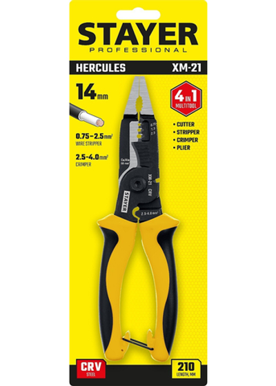 STAYER XM-21, резка d 14мм, зачистка 0.75 – 25 мм2, кримпер 2.5 мм2, плоскогубцы 210 мм, многофункциональные клещи, Professional (23342-21)