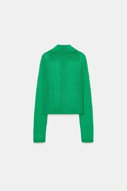 ZARA КАРДИГАН С ВОРОТНИКОМ ПОЛО, ЗЕЛЕНЫЙ