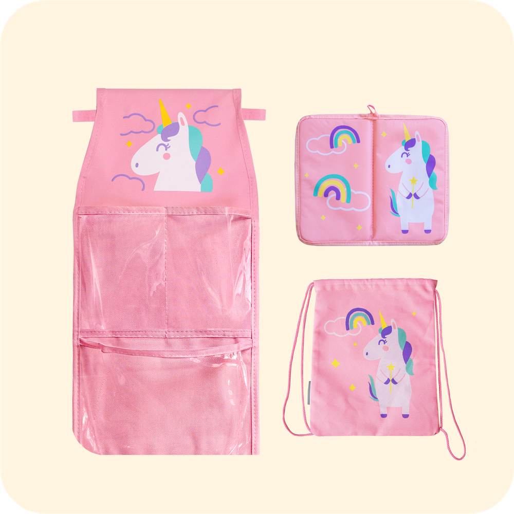 Набор для детского сада: кармашек, коврик, мешок. Единорог розовый