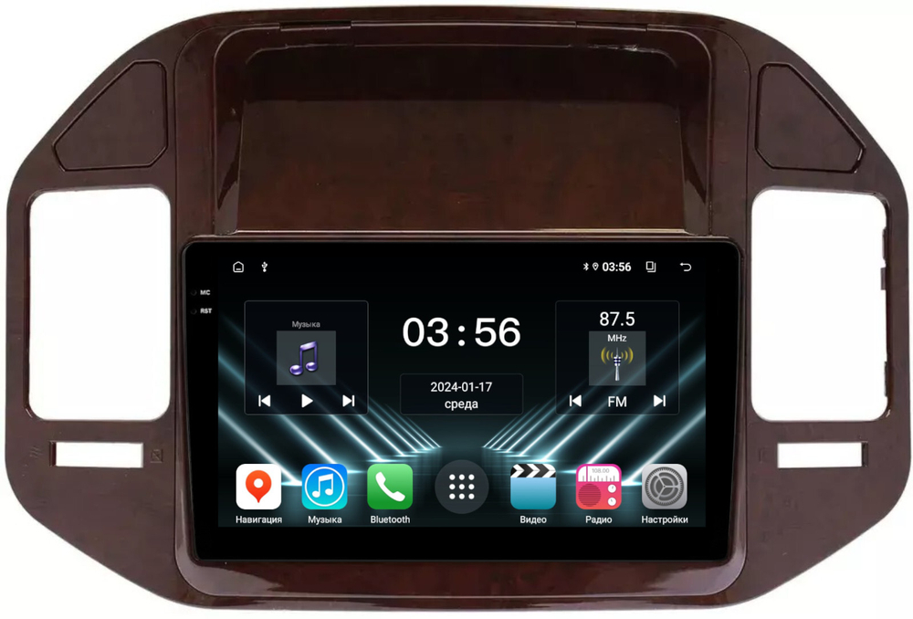 Магнитола для Mitsubishi Pajero 3, Montero 3 1999-2006 (рамка под дерево) - FarCar DX9-7007-3W монитор 9.5" IPS на Android 13, 4+64Гб, CarPlay