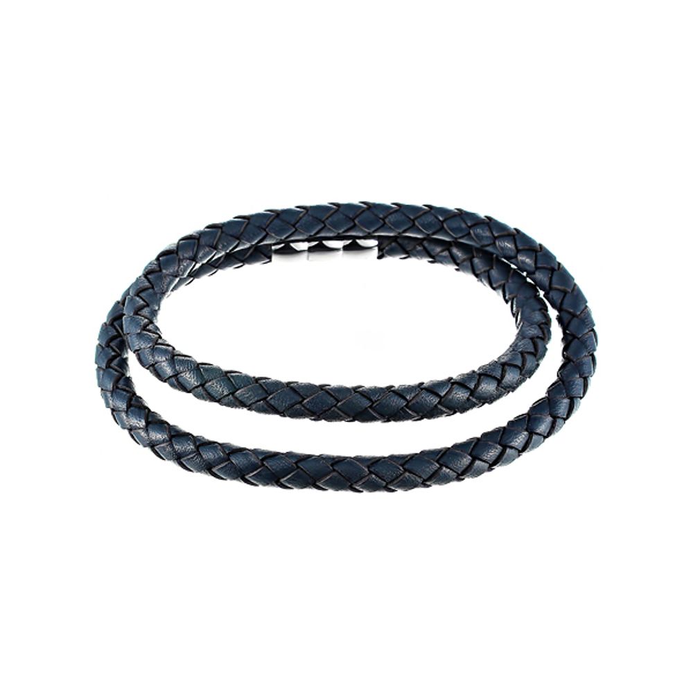 Стильный модный плетёный синий кожаный браслет намотка на два оборота со стальной магнитной застёжкой JV SB1773 в подарочной упаковке