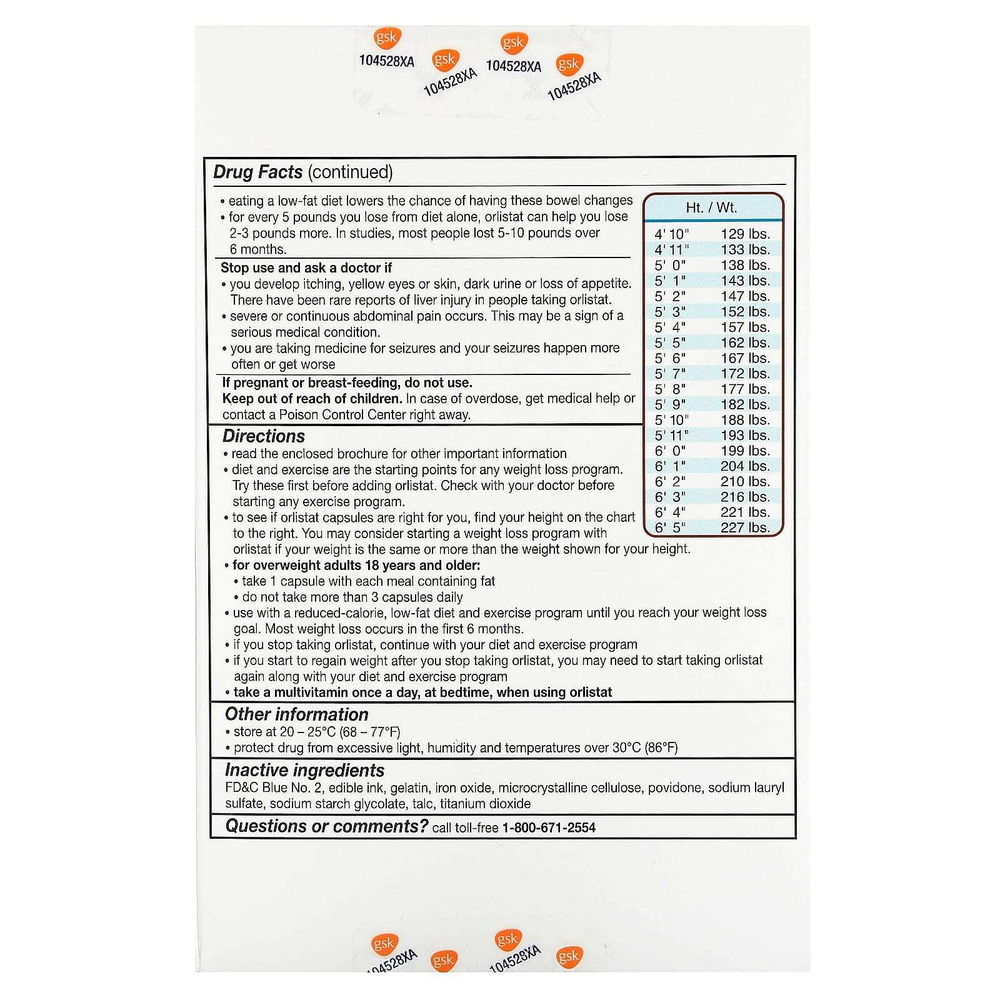 Alli, Орлистат, средство для снижения веса, дополнительная упаковка, 60 мг, 120 капсул