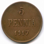 5 пенни 1917 год. Россия для Финляндии (Орел без корон). XF