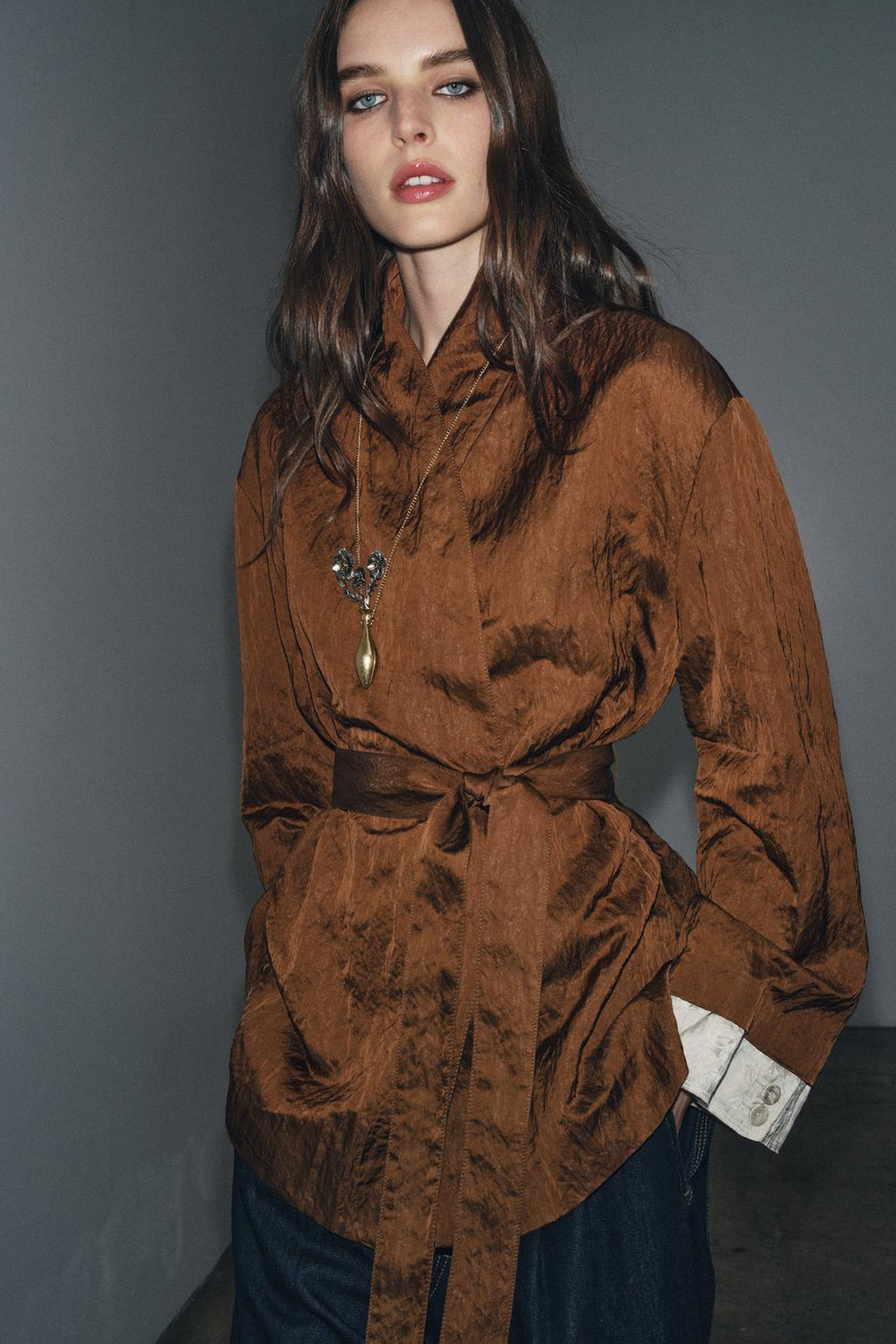 ZARA ЖАККАРДОВЫЙ ЖАКЕТ-КИМОНО — ZW COLLECTION, МЕДНЫЙ