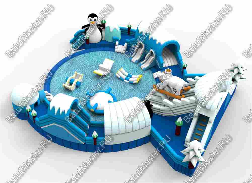 Надувной наземный аквапарк «Морское царство 3»  с фигурой пингвина, 16*16*6 м