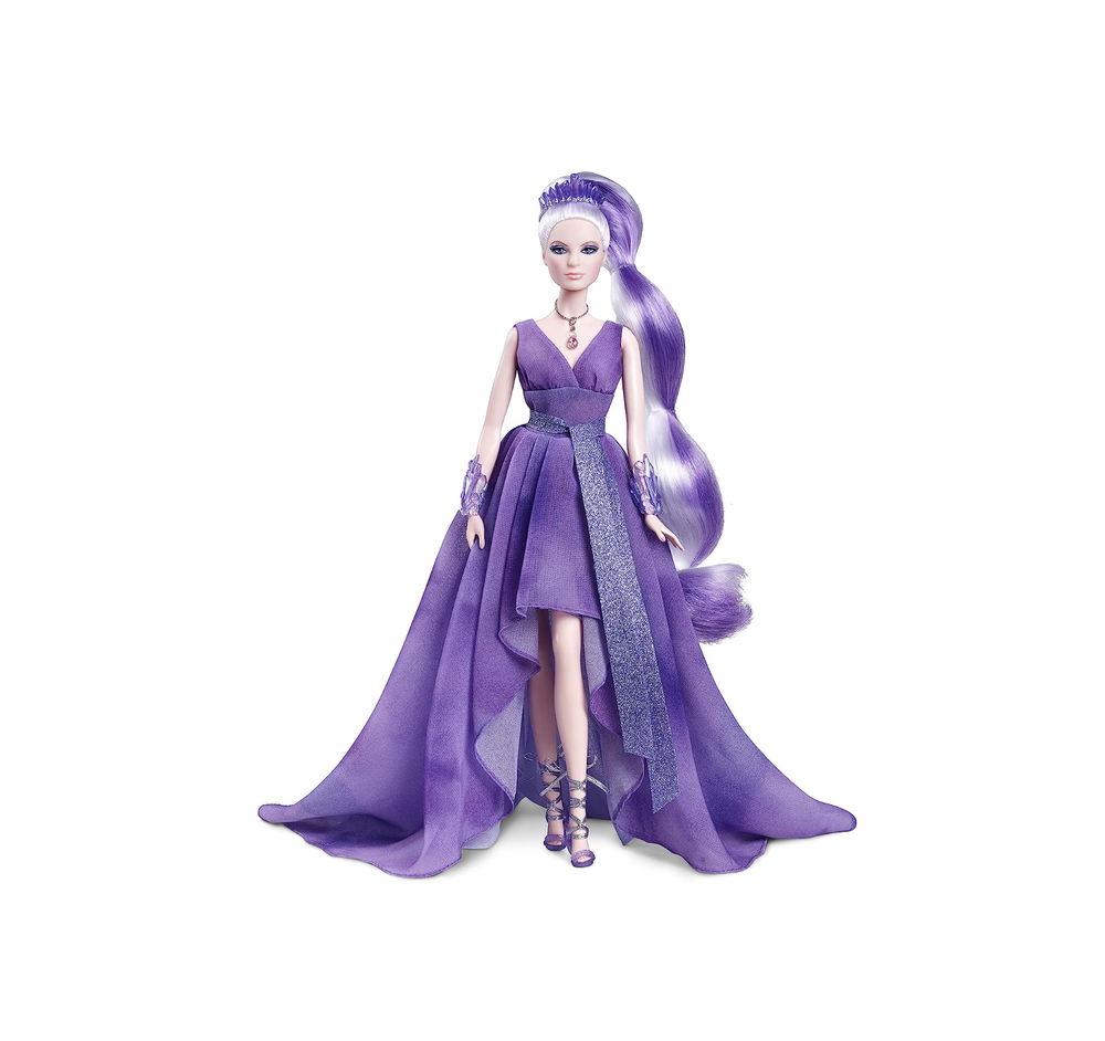 Кукла Barbie Crystal Fantasy Collection Amethyst (13 дюймов, платиновые волосы) с ожерельем из настоящего аметиста, платьем и аксессуарами, подарок для коллекционеров