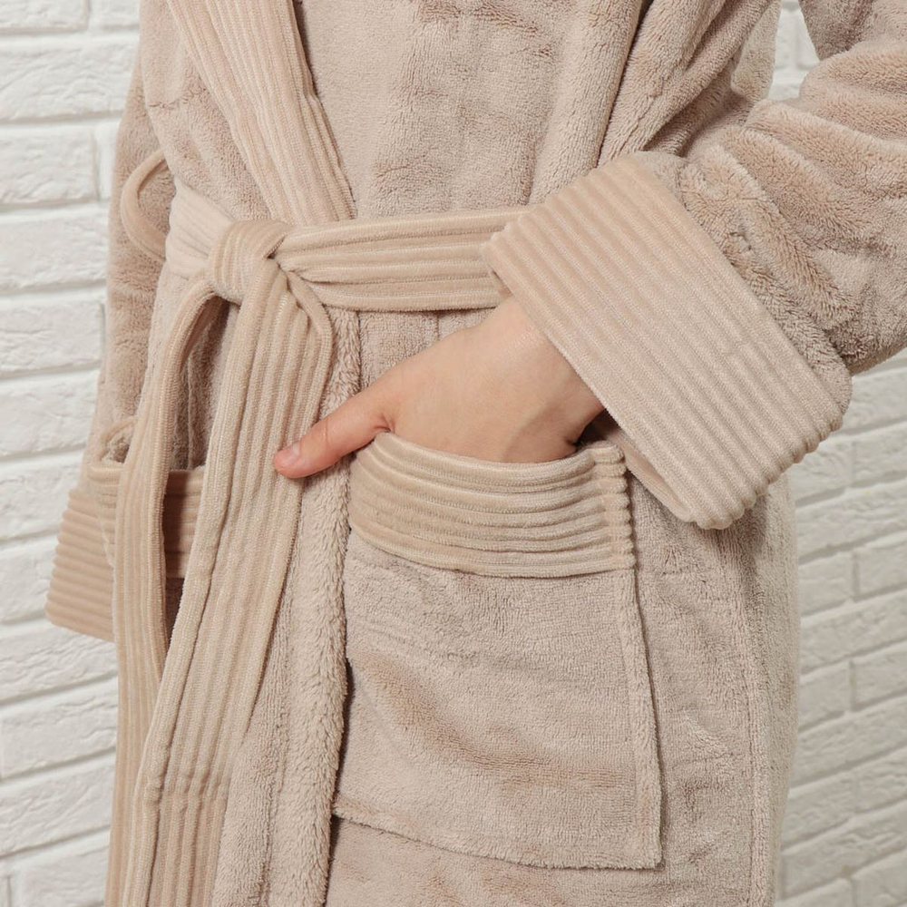 Халат унисекс, махр, 100%пэ, серый, бежевый, M, 44, Y236