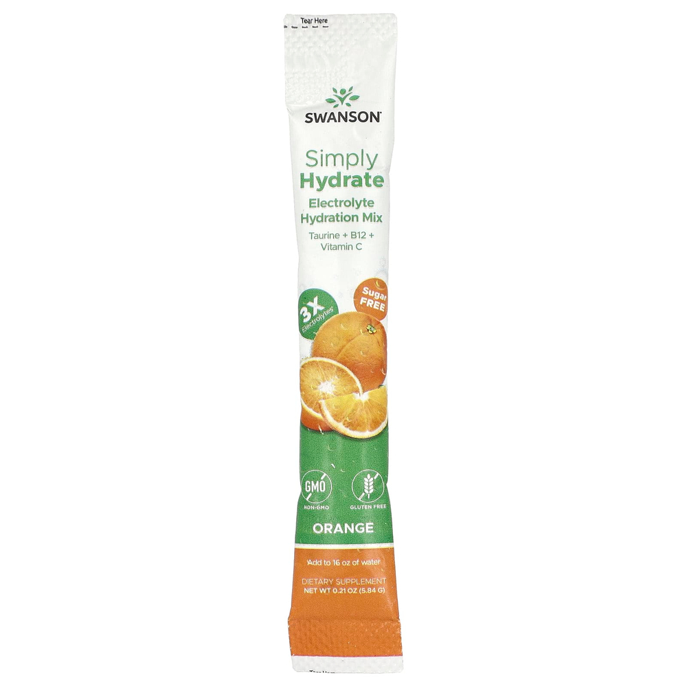 Swanson Vitamins, Simply Hydrate, смесь электролитов для гидратации, апельсин, 8 стик-пакетов по 5,84 г (0,21 унции)