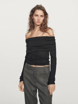 Massimo Dutti Футболка в рубчик с длинными рукавами и блестящей отделкой, черный