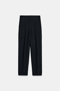 ZARA БРЮКИ С ЗАЩИПАМИ И ОТВОРОТАМИ СНИЗУ, ЧЕРНЫЙ