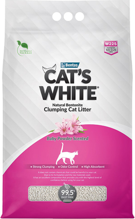 Наполнитель для туалета Cat's White 5л Baby Powder Scented для кошек, комкующийся, с ароматом детской присыпки