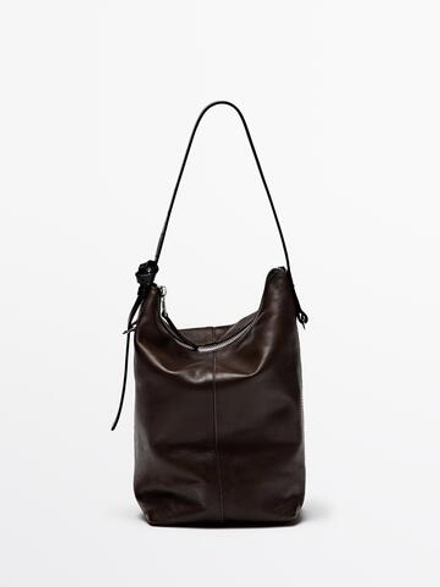 Massimo Dutti Сумка-мешок из кожи наппа среднего размера, коричневый