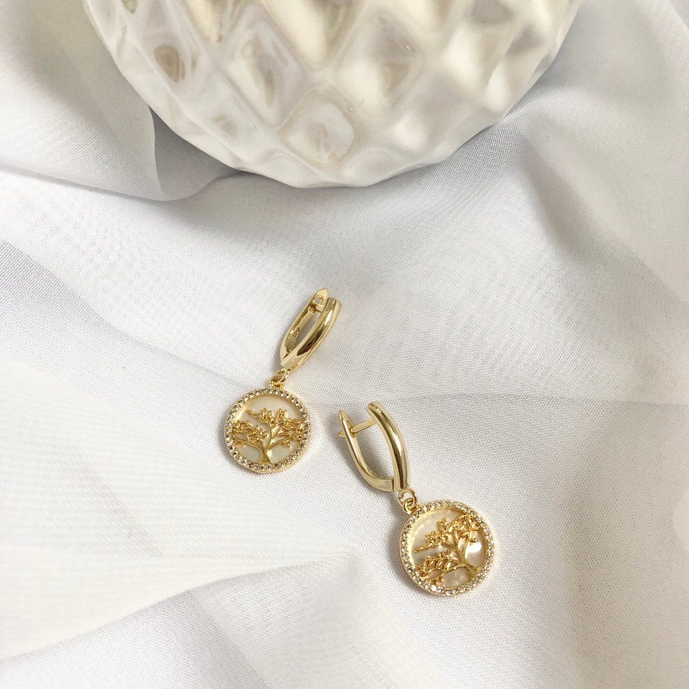 Серьги "дерево жизни" в перламутре, цвет золото