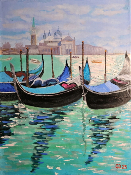 Картина авторская маслом на холсте 33х46 см на стену для интерьера "Венецианские гондолы"