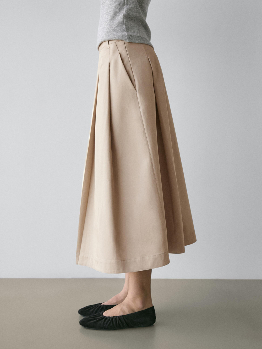 Massimo Dutti Юбка миди со складками-плиссе, песочный