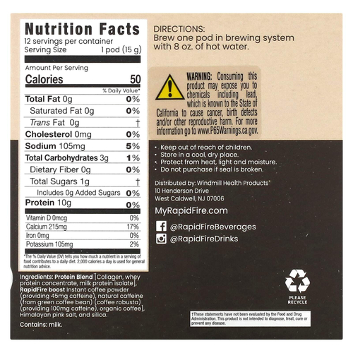 RAPIDFIRE, Протеиновый кофе в капсулах, оригинальная смесь, средняя обжарка, 12 капсул, 180 г (6,35 унции)