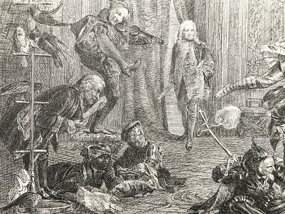 Шуты при дворе императрицы Анны Иоанновны. Гравюра по известной картине В. Якоби. 1740 г.