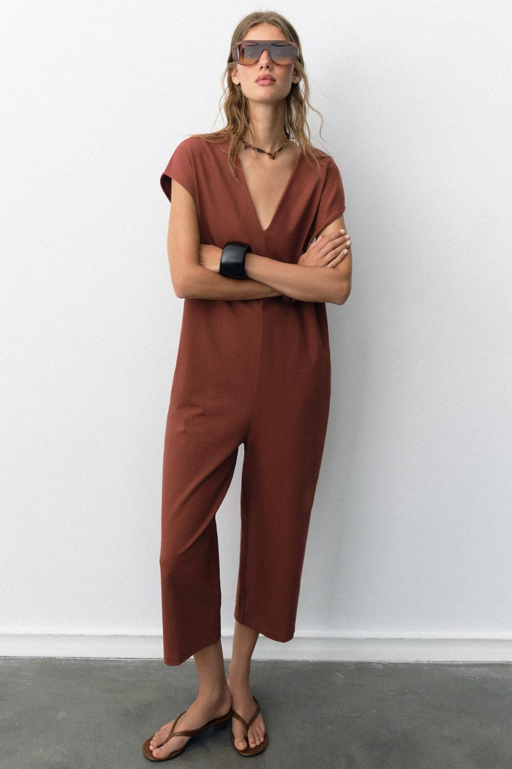 ZARA ДЛИННЫЙ КОМБИНЕЗОН ИЗ ПЛОТНОГО ХЛОПКА, ЧЕРЕПИЧНЫЙ