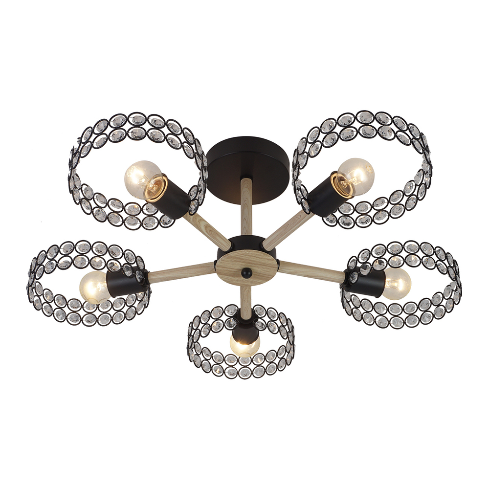 Светильник на штанге 5х60Вт Е27, металл/хрусталь, черный/дерево