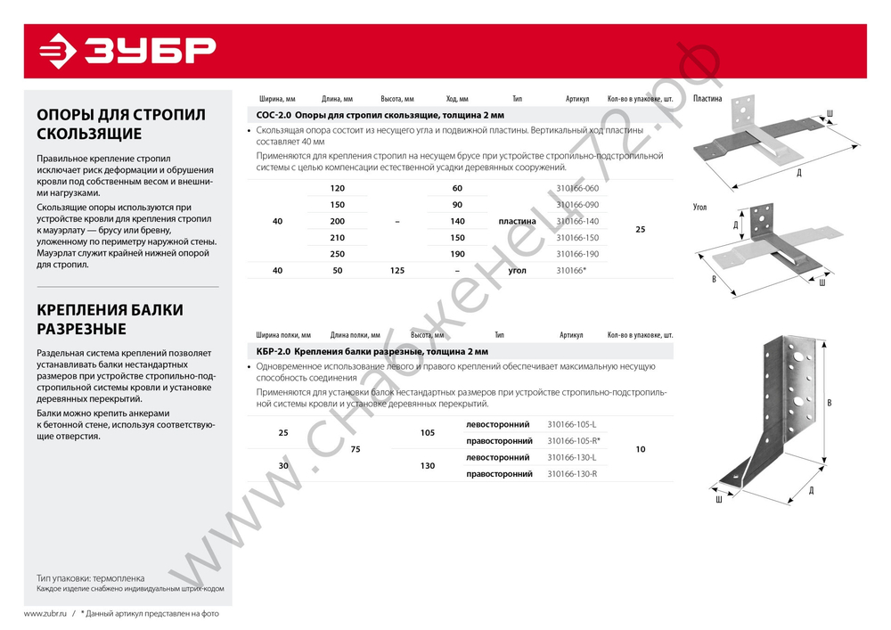 ЗУБР СОС-2.0 40х210(150) х 2 мм, скользящая опора для стропил, пластина (310166-150)