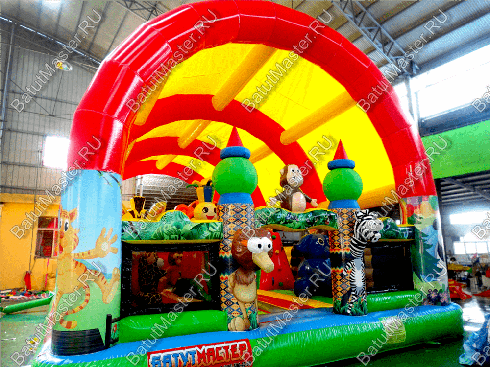 Надувной батут "Зверята с крышей 3" со скалодромом, 11*7*6 м
