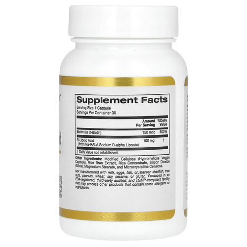 California Gold Nutrition, стабилизированная R-липоевая кислота с биотином, 30 растительных капсул
