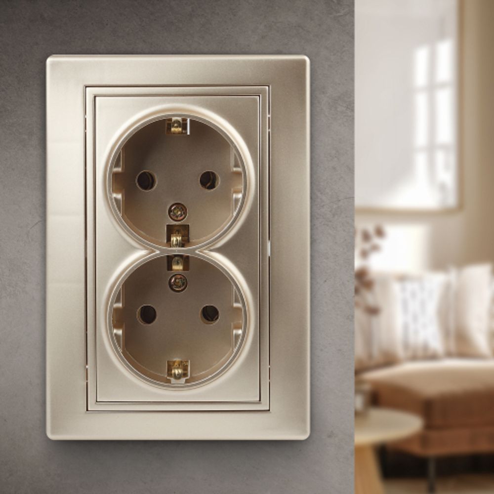 Розетка Intro Plano 1-205-04 с заземлением двойная 2X2P+E Schuko, 16А-250В, IP20, СУ, шампань