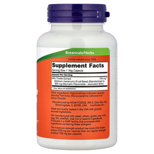 NOW Foods, экстракт расторопши, 750 мг, 90 растительных капсул